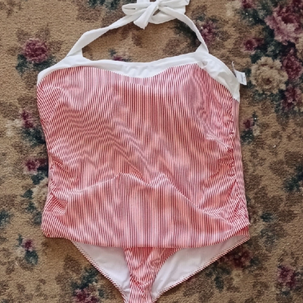 Basic Editions Swim Suit One Piece Halter Striped Plus Size Orange White 22W